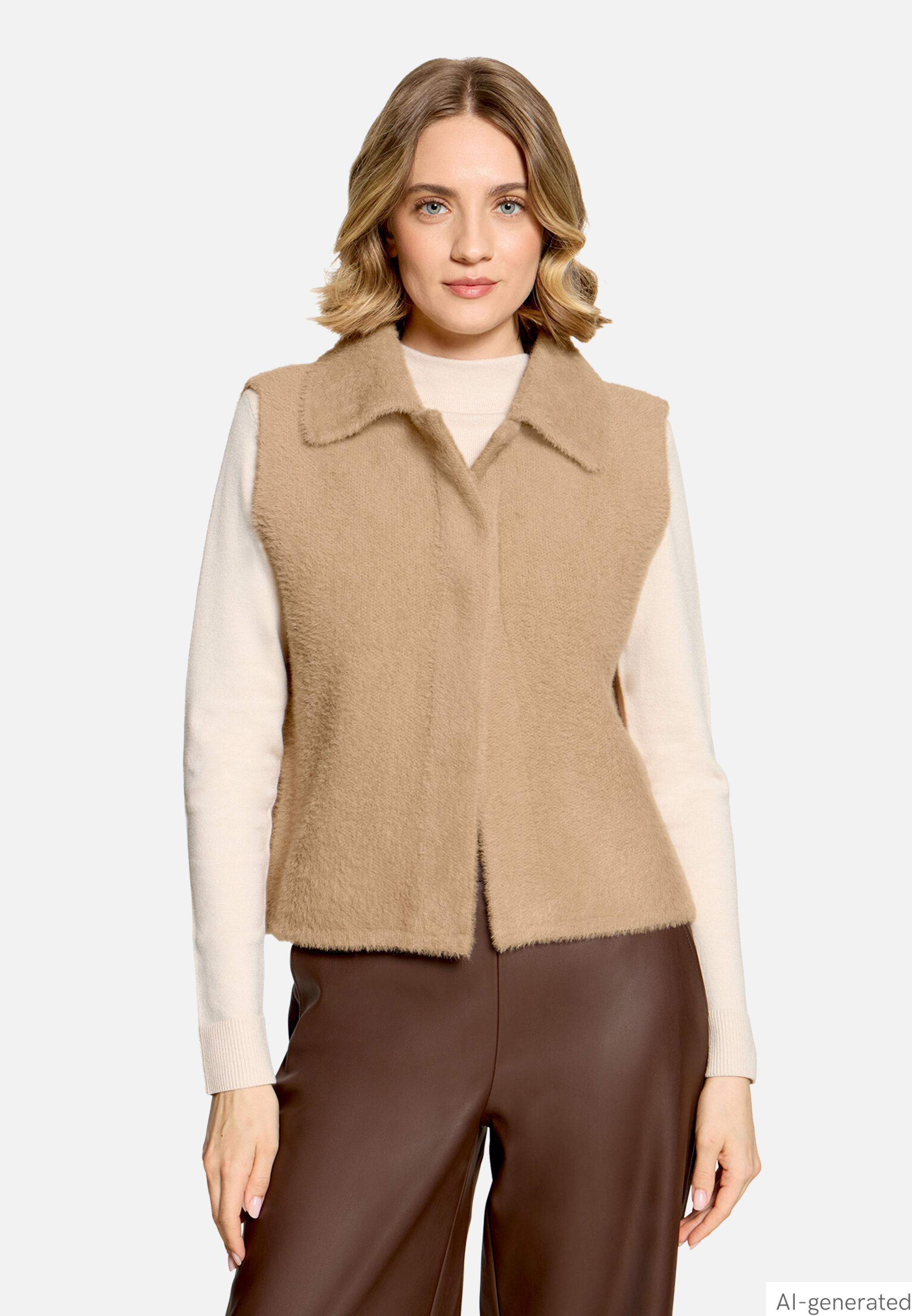 Flauschige Strickweste mit Hemdkragen