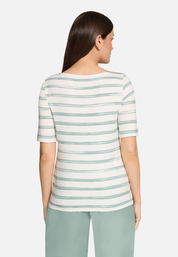 Ringelshirt mit U-Boot-Ausschnitt / Modellfoto Rückseite